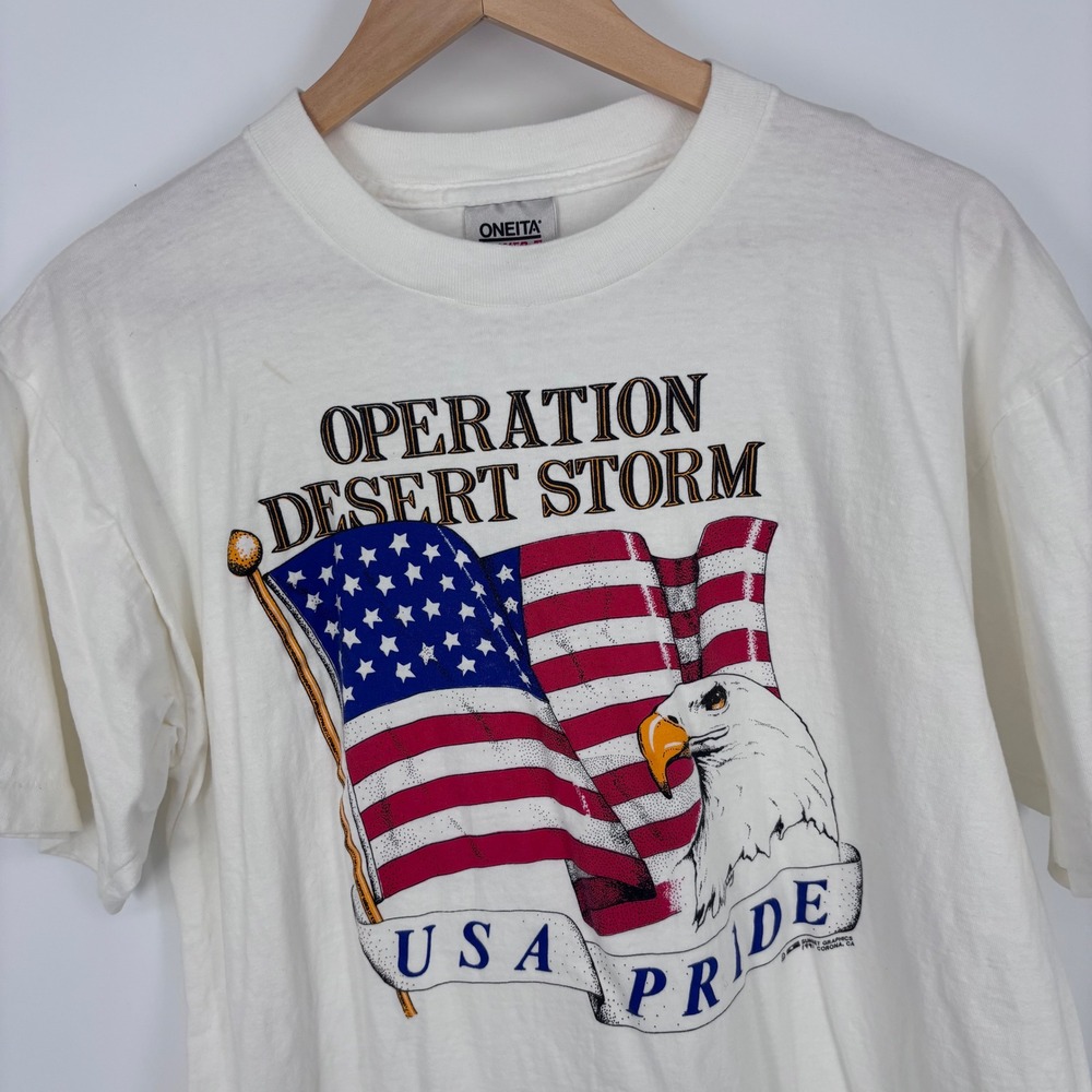 Vintage 90s Operation Desert Storm T-Shirt Mens XL White Single Stitch Oneita